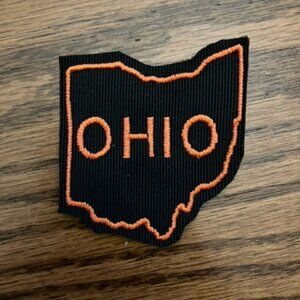Tiny cute little State of Ohio outline embroidered patch black with orange